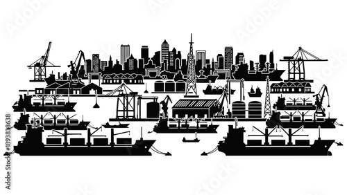 Busy commercial harbor with city skyline
