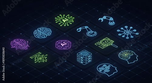 Vibrant AI and robotics icons on futuristic circuit board background