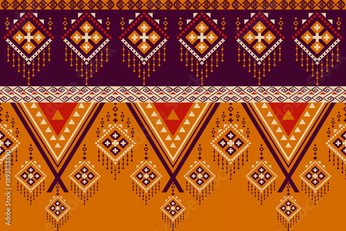 Seamless ethnic geometric pattern with tribal diamond motifs, zigzag borders, and ornamental details in warm orange and deep purple tones, ideal for textile, wallpaper, background, and vector design.