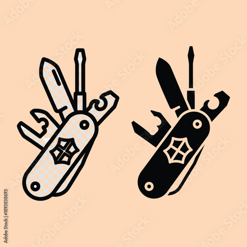 Multi tool pocket knives with various functions on beige background