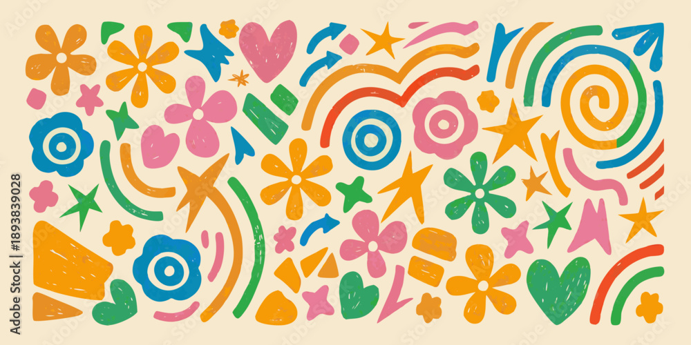 Naklejka premium Colorful abstract pattern with flowers stars and swirling shapes