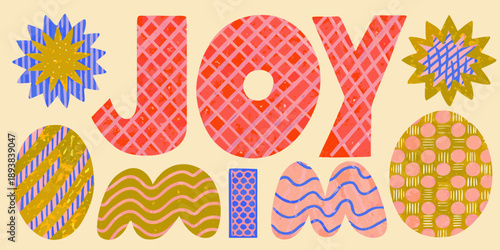 Colorful typographic illustration spelling joy with abstract shapes