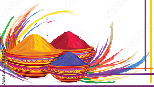 Vibrant colored powder bowls with swirling paint splashes on white background