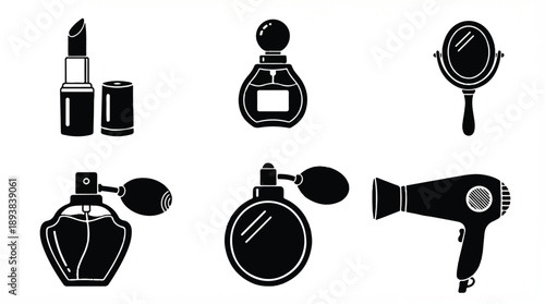 black silhouettes of beauty and hair products on white background
