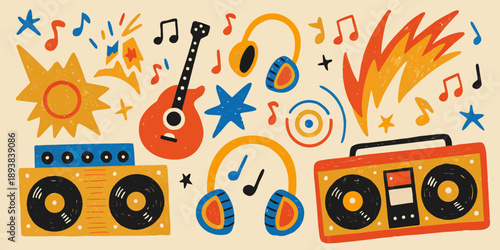 Colorful illustration of musical instruments and symbols on a beige background