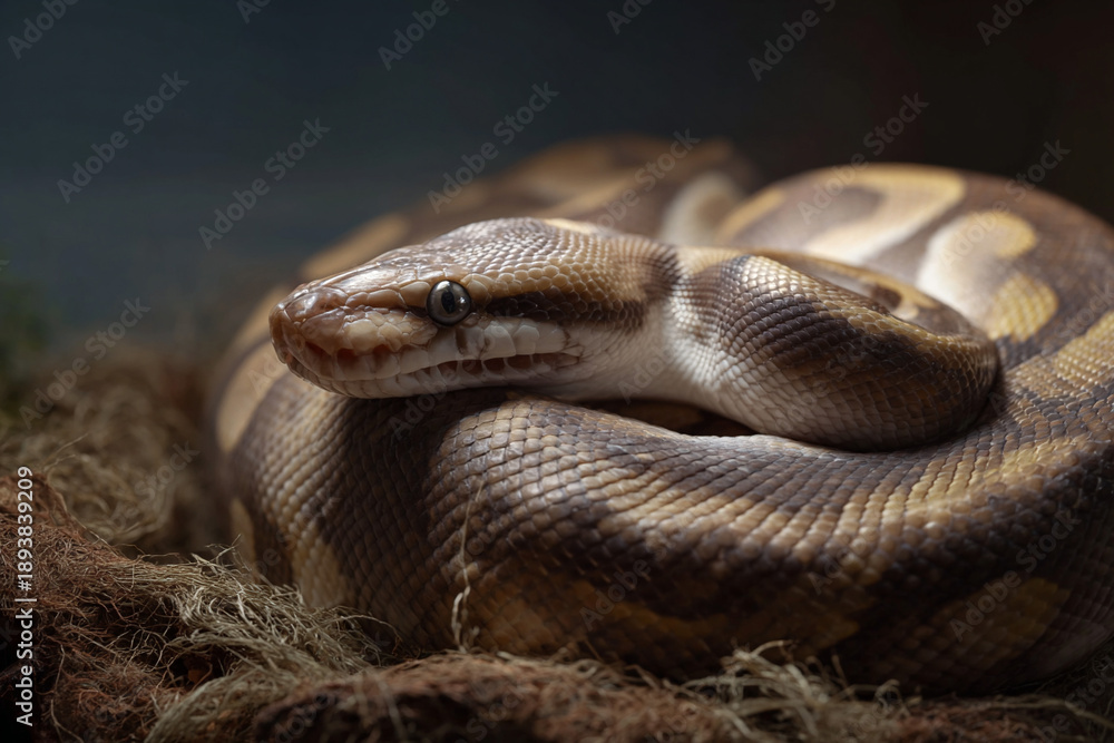Fototapeta premium Majestic ball python coiled on a naturalistic background.