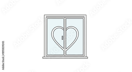 Line drawing of a window with a heart shape formed by two overlapping hearts on the glass panes against a white background.