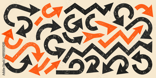 A chaotic arrangement of black and orange arrows in a repeating pattern