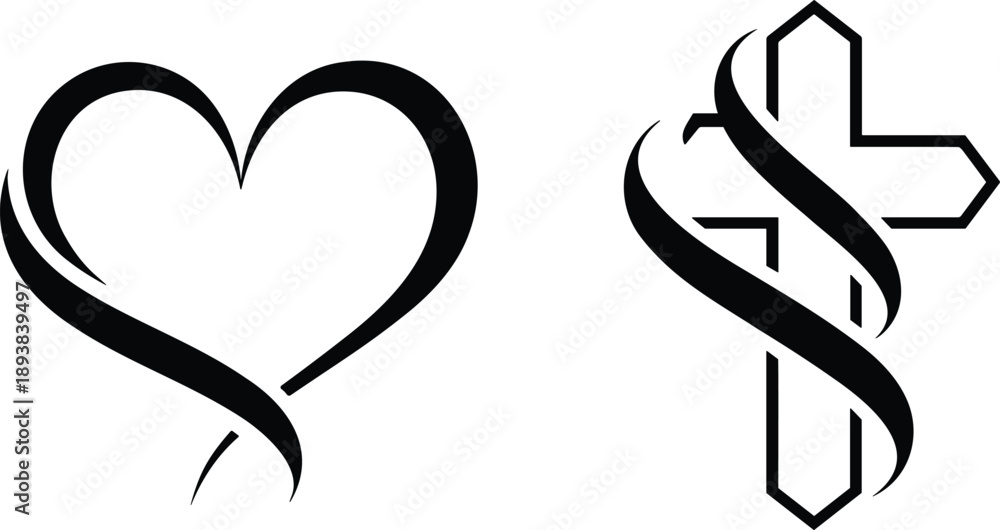 Obraz premium Minimalist black vector silhouette set of an elegant flowing ribbon heart and an intertwined Christian cross, symbolizing eternal faith, spirituality, and divine love.