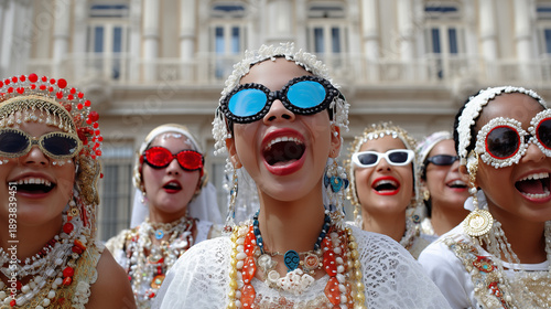 Carnaval de Cadiz, Joyful women in colorful costumes and sunglasses enjoying Carnaval de Cadiz street parade
