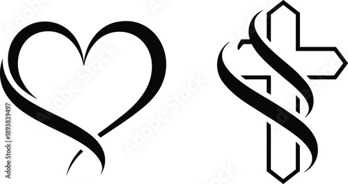 Minimalist black vector silhouette set of an elegant flowing ribbon heart and an intertwined Christian cross, symbolizing eternal faith, spirituality, and divine love.