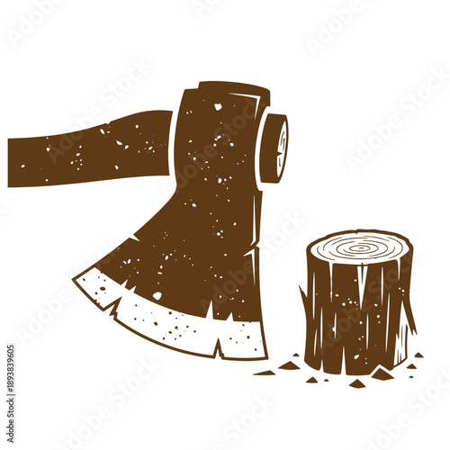 Vintage Grunge texture Brown axe stuck in a wooden log on white background  chopping wood illustration