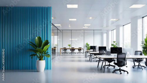 Bright Modern Open-Plan Office with Blue Accent Wall and Green Plant