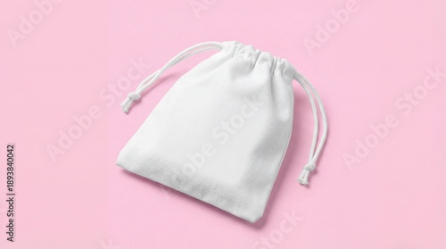 White cotton drawstring bag on pink background