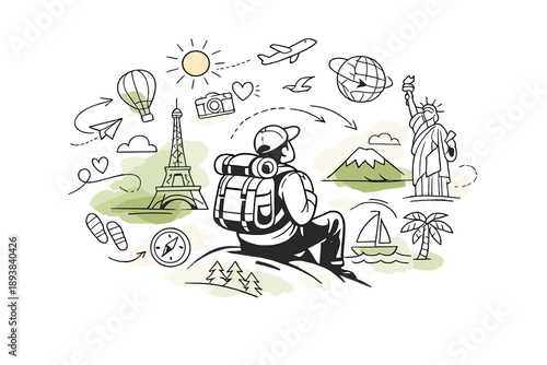 Tourism Experience. A traveler pausing to enjoy the view, landmarks and nature symbols floating calmly nearby.