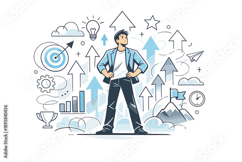 Confidence and ambition. A confident figure standing tall as upward arrows and abstract symbols rise around.
