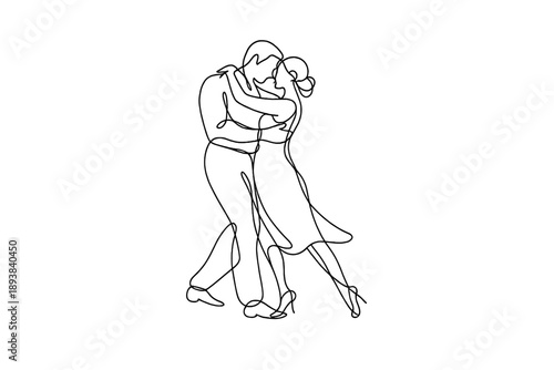 Romantic Dance Duo. Minimalistic one-line drawing romantic dancing couple with gentle embrace and synchronized