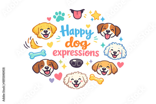 Happy dog expressions. Hand drawn illustration of Happy dog expressions. smiling dog faces, wagging tails,