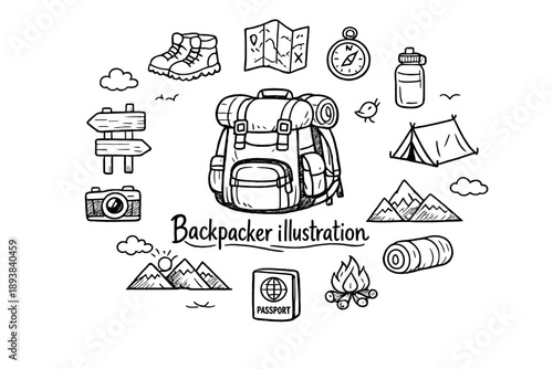 Backpacker illustration. Hand-drawn doodle illustration of Backpacker illustration. In the middle, one