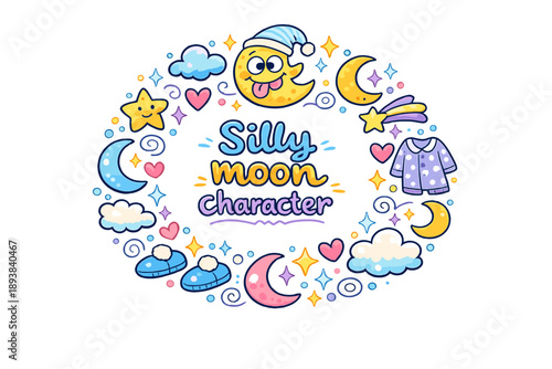 Silly moon character. Hand drawn illustration of Silly moon character. goofy moon face, crossed eyes, tongue
