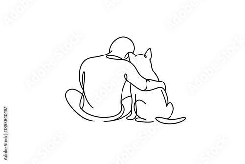 Emotional Connection. Minimalistic one-line drawing human silhouette sitting close to pet with shared relaxed
