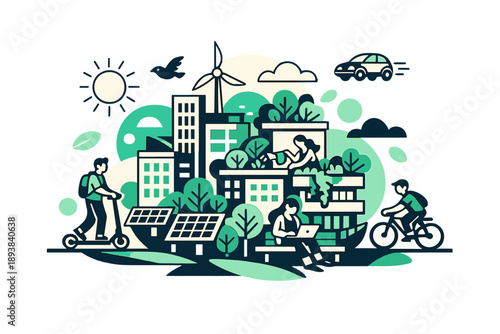 Sustainable Urban Harmony. Urban sustainability illustration. A green city skyline with solar panels, rooftop