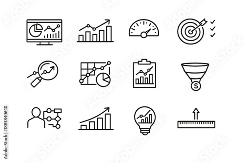 Analytics & Metrics. Line outline icon set of Analytics & Metrics: analytics dashboard, data chart,