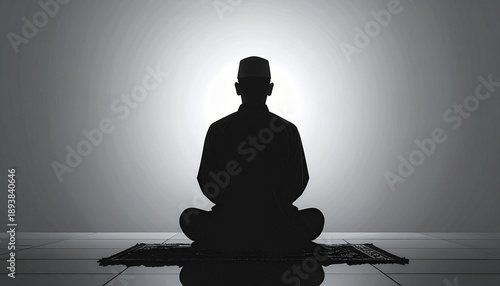Silhouette of a Muslim man praying while kneeling on a prayer mat against a soft gradient background. Concept of faith, spirituality, Ramadan, worship, peace, devotion, and Islamic religious lifestyle