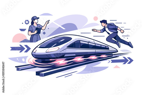 Futuristic Magnetic Train. High-speed future rail. Magnetic train hovering slightly above tracks, energy waves