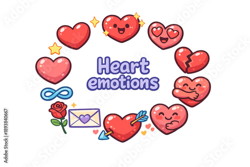 Heart emotions. Hand drawn illustration of Heart emotions. full heart, sparkling heart, heart eyes emoji,