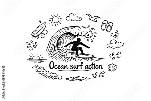 Ocean surf action. Hand-drawn doodle illustration of Ocean surf action. In the middle, one slightly larger
