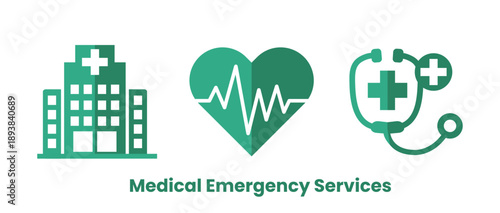  Medical  Emergency Service Icons. Hospital, Heartbeat ECG and Stethoscope Healthcare Set.