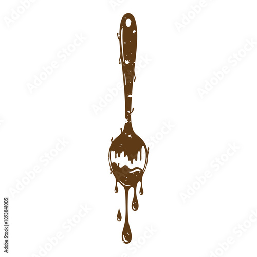 Vintage Grunge texture Brown chocolate sauce dripping from a spoon on white background  sweet food and drink concept
