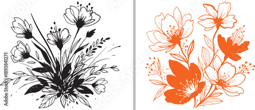 A delicate botanical illustration featuring a fine-lined black ink wildflower bouquet on the left and a vibrant orange-hued floral cluster with soft gradients and line art on the right.