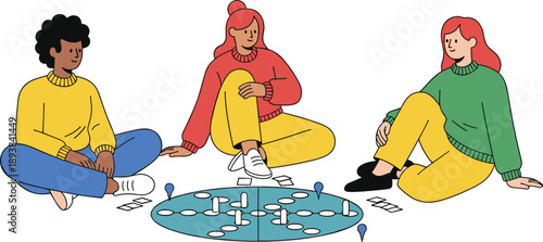 Diverse group of young people sitting on the floor together playing a competitive strategy board game with cards and colorful game pieces