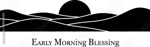 Black and white landscape with hills and sun