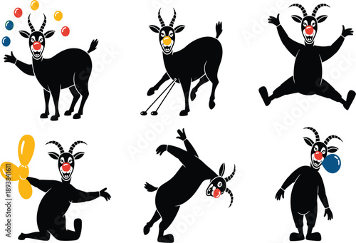Six black goats with red noses performing circus acts
