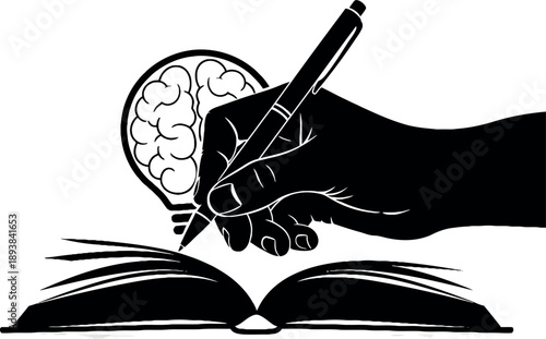 Black and white of hand holding pen writing on brain beside open book
