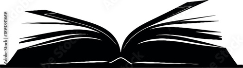 Black and white of an open book with pages flying up