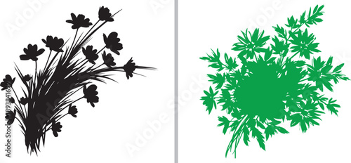 A botanical set featuring a high-contrast black floral silhouette bouquet alongside a dense, vibrant green foliage bush silhouette, both isolated on a clean white background.