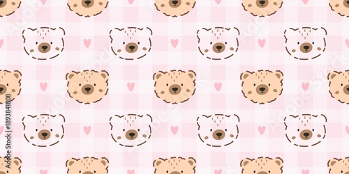 Seamless cute teddy bear pattern with hearts and a pink pastel gingham background. Designed for baby products, kids wallpaper, and sweet gift wrapping