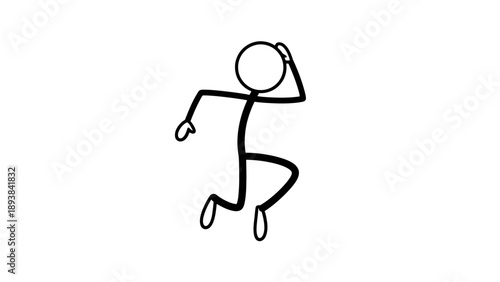 Simple stick figure running with hand on head in black on white background.