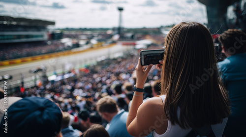 Zuschauer fotografiert den Start eines Autorennens von der Tribüne. Motorsport-Atmosphäre mit Fans bei Formel 1, DTM oder GT3 zum Saisonstart – Spannung, Emotion und Rennfieber pur.