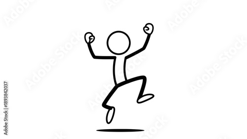 Simple stick figure jumping with joy and raised arms.