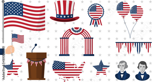 Presidents Day Illustration Set with American Flag Uncle Sam Hat Patriotic Balloons Podium and US Map for United States Holiday Celebration Design