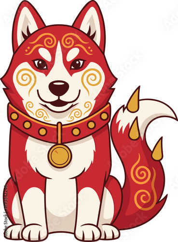 Traditional Chinese Lunar New Year festive husky dog character with red gold swirl patterns and collar oriental zodiac animal mascot vector illustration