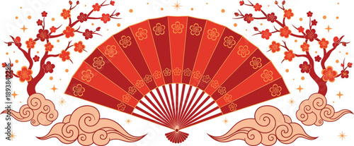 Traditional Chinese red folding fan with plum blossom trees, decorative oriental clouds and gold stars, lunar new year festival celebration vector background