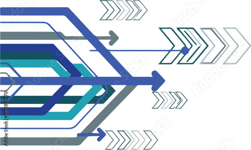 Complex Geometric Shapes and Arrows Interconnected in a Modern Abstract Design Representing Technology and Innovation from a Top-Down Viewpoint