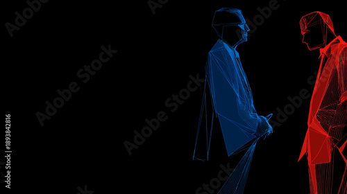 Abstract Digital Wireframe Men in Blue and Red Facing, Symbolizing Business Opposition, Conflict, or Negotiation Concept