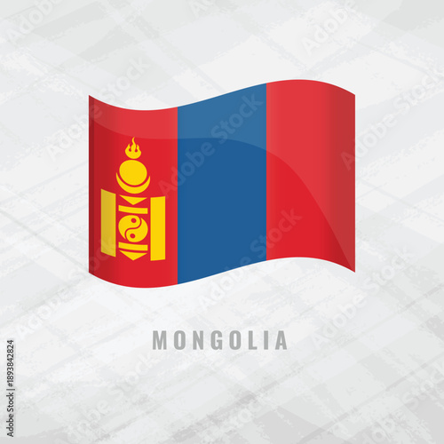3D illustration of the waving flag of Mongolia. Vector national symbol of the Mongol nation on a textured grey background. Features the red and blue tricolor with the yellow Soyombo symbol.